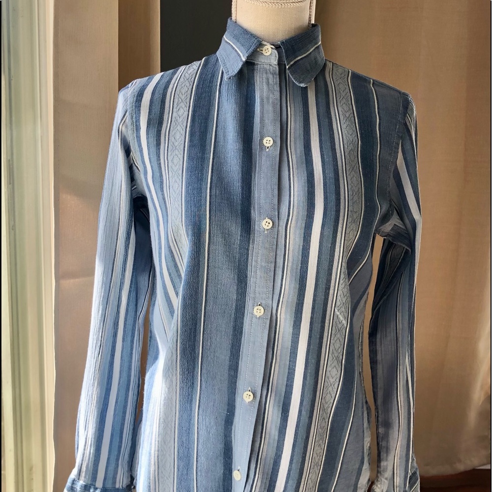 LRL Lauren Jeans Company Light Blue Striped Cotton Button up Shirt Size XS